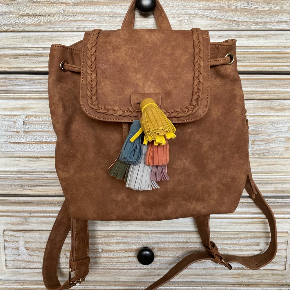 Tan Suede Backpack Purse w/ Colorful Tassels (small)
